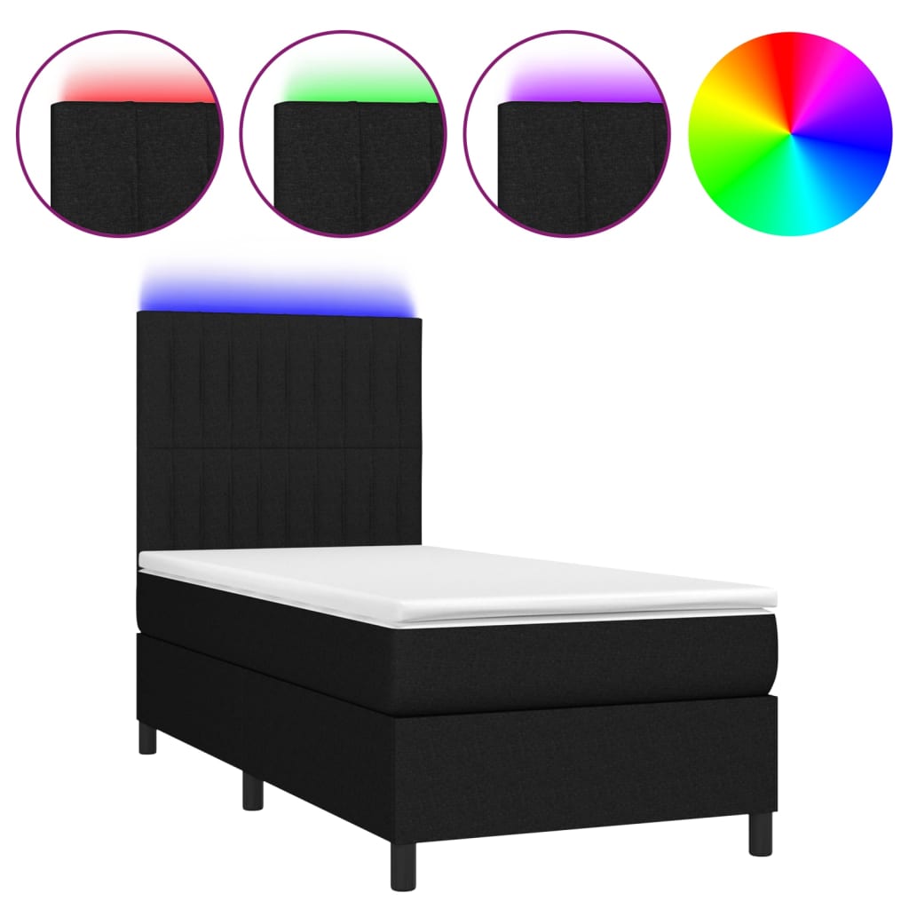 Spring Bed with Mattress and Black LED 90x200 cm in Fabric