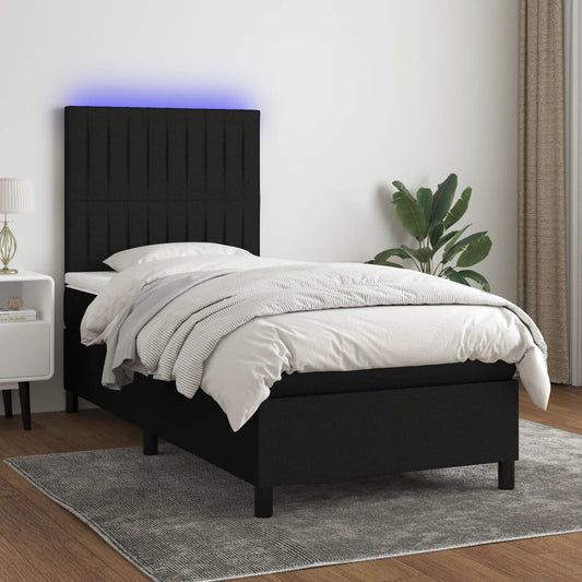 Spring Bed with Mattress and Black LED 90x200 cm in Fabric