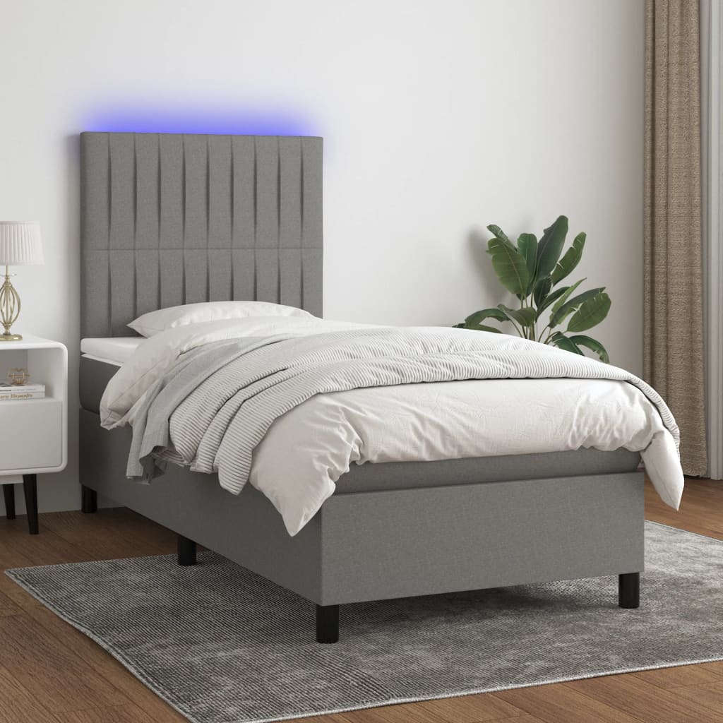 Letto a Molle Materasso e LED Grigio Scuro 100x200cm in Tessuto - homemem39