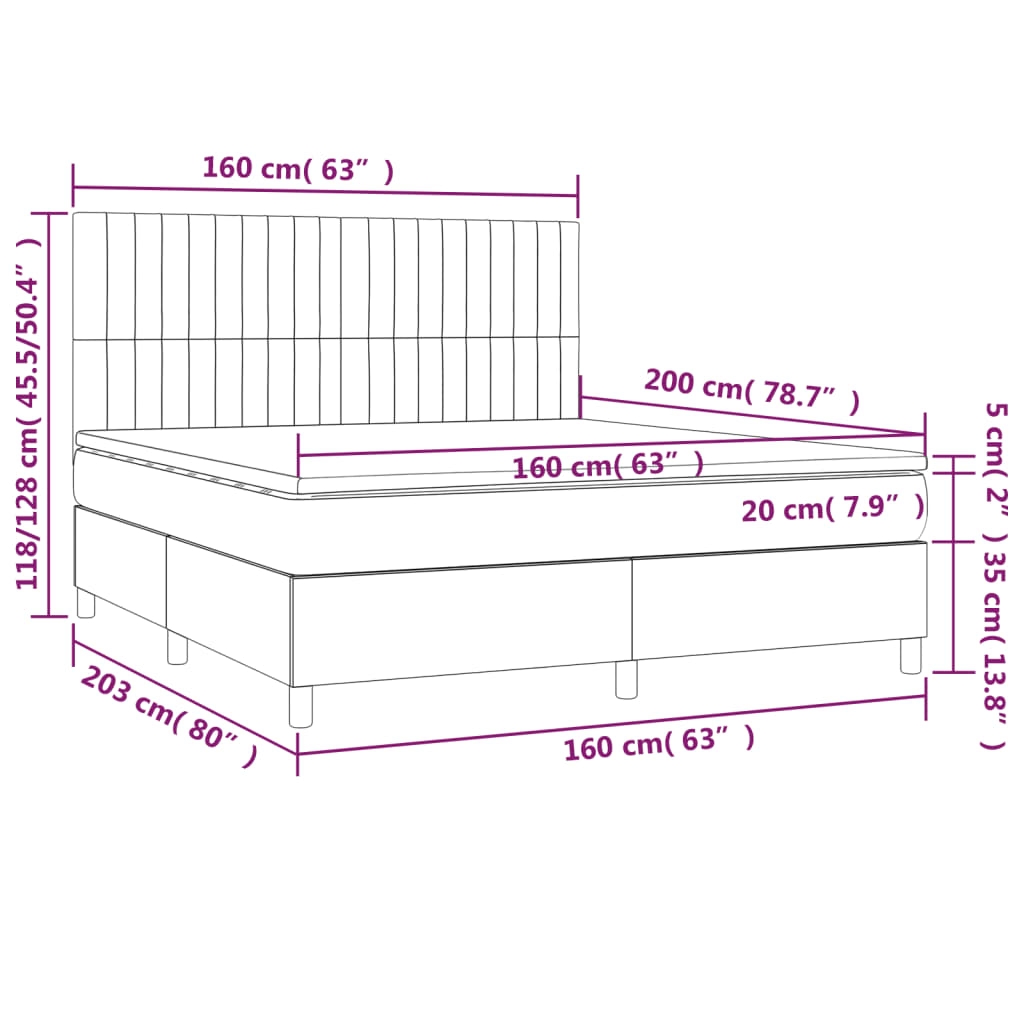 Letto a Molle con Materasso e LED Tortora 160x200 cm in Tessuto