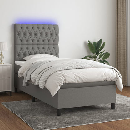 Letto a Molle Materasso e LED Grigio Scuro 90x200 cm in Tessuto