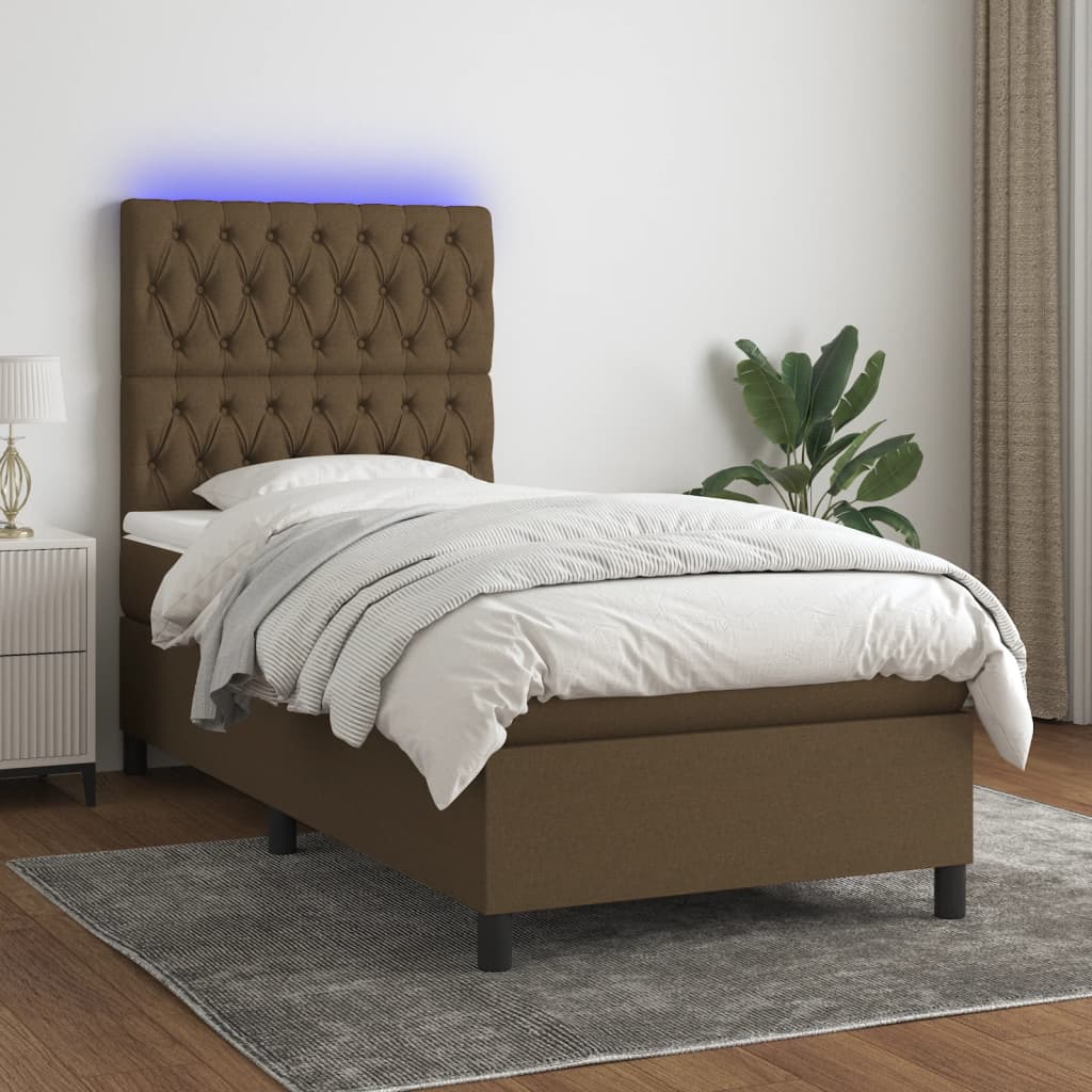 Letto a Molle Materasso e LED Marrone Scuro 90x200cm in Tessuto | homemem39