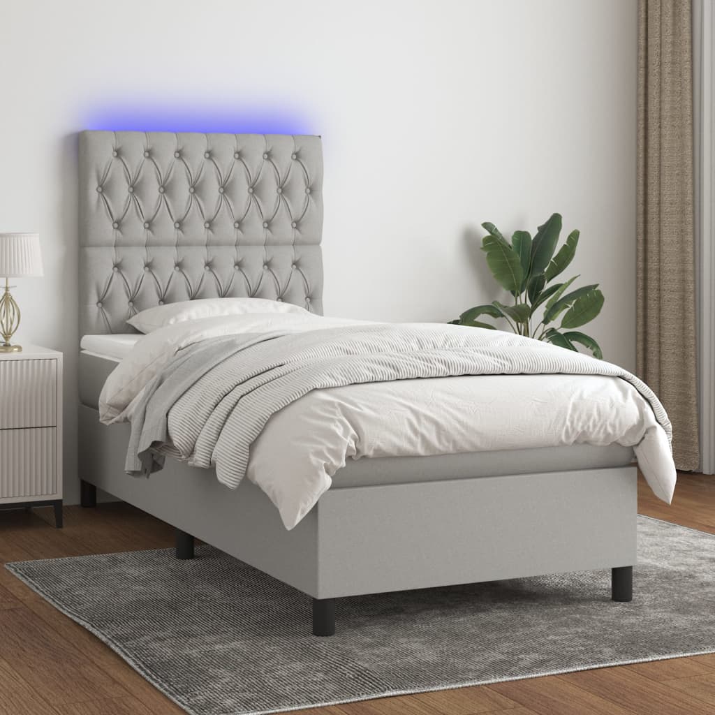 Letto a Molle Materasso e LED Grigio Chiaro 100x200 cm Tessuto - homemem39