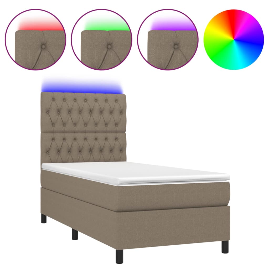 Letto a Molle con Materasso e LED Tortora 100x200cm in Tessuto - homemem39
