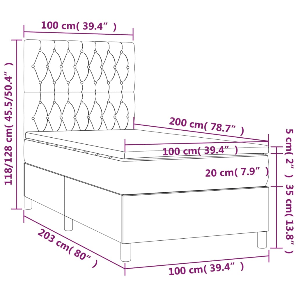 Letto a Molle con Materasso e LED Crema 100x200cm in Tessuto