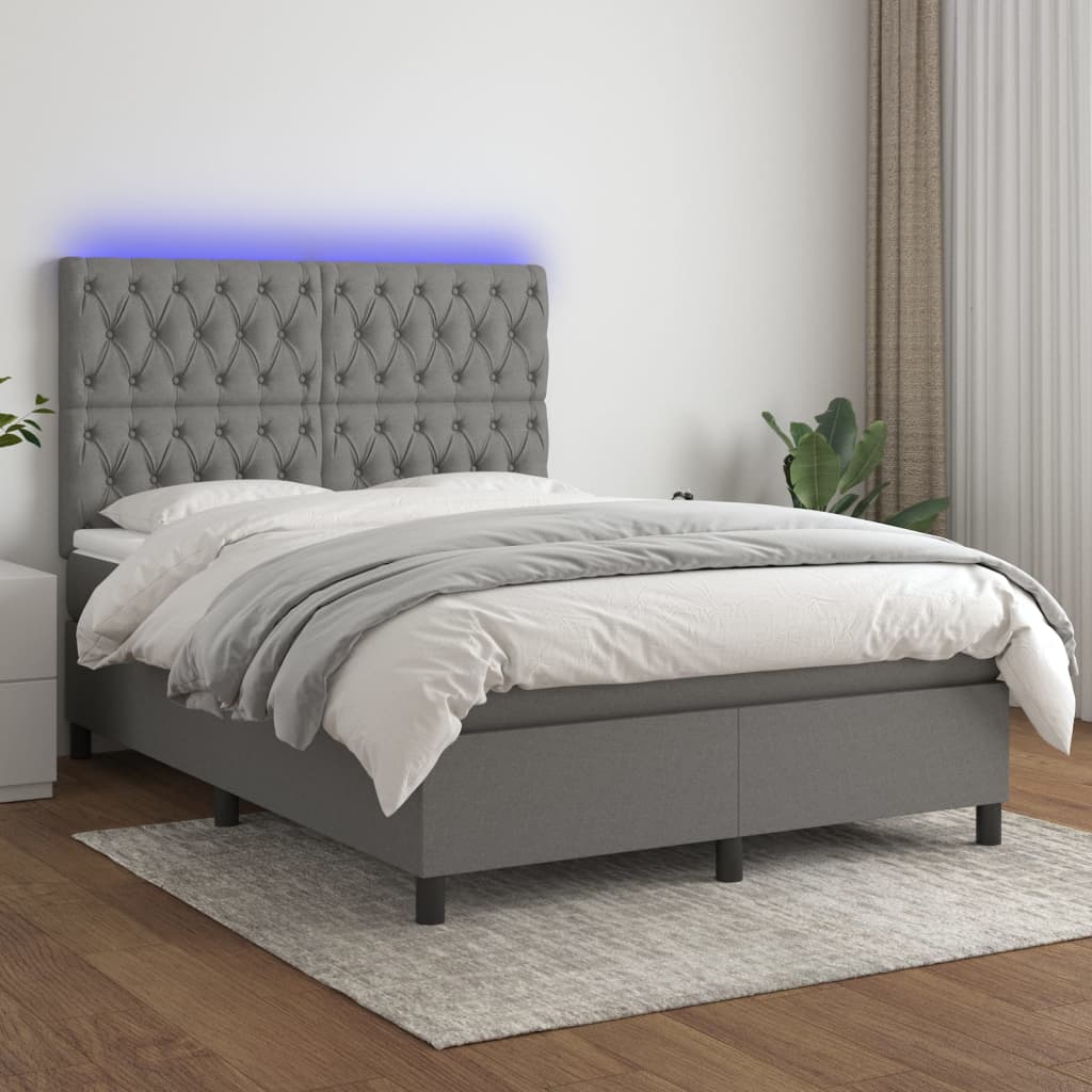 Letto a Molle Materasso e LED Grigio Scuro 140x190cm in Tessuto - homemem39