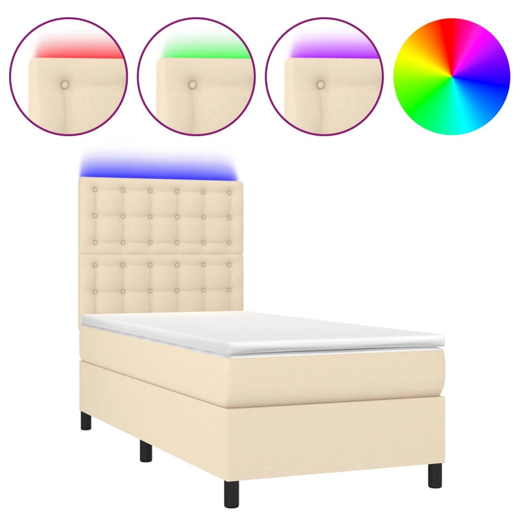 Letto a Molle con Materasso e LED Crema 90x190 cm in Tessuto