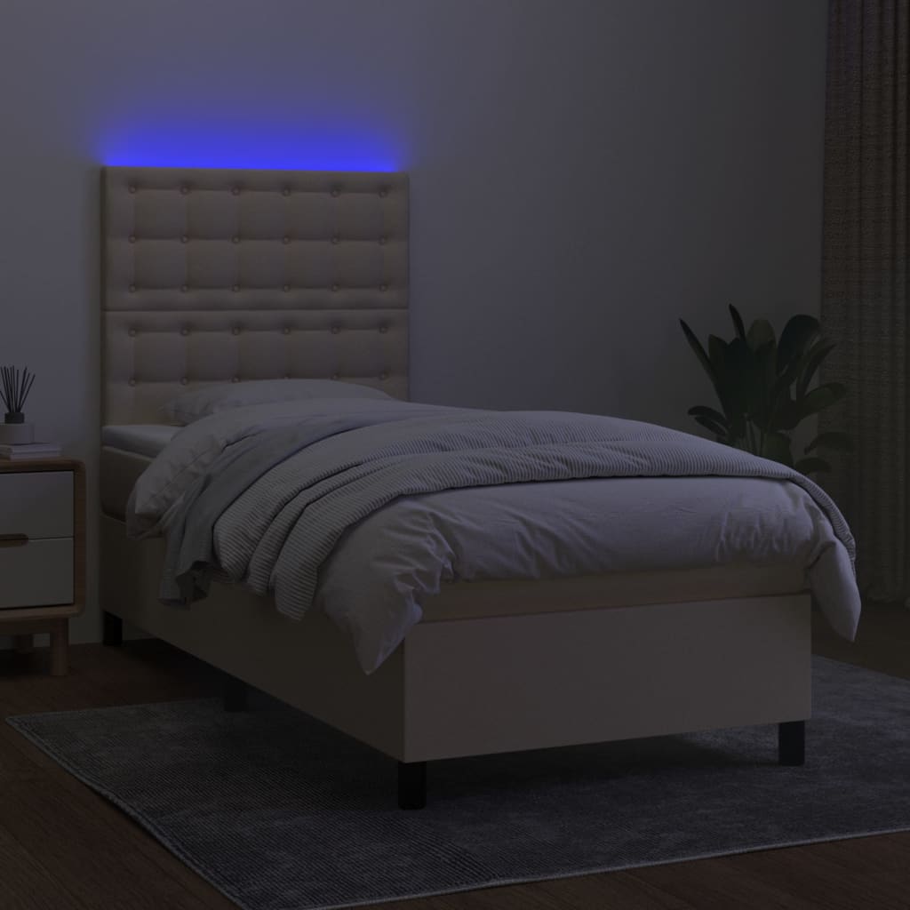 Letto a Molle con Materasso e LED Crema 90x190 cm in Tessuto