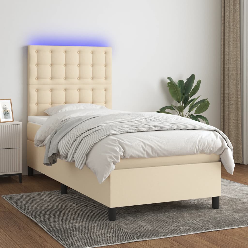 Letto a Molle con Materasso e LED Crema 90x190 cm in Tessuto