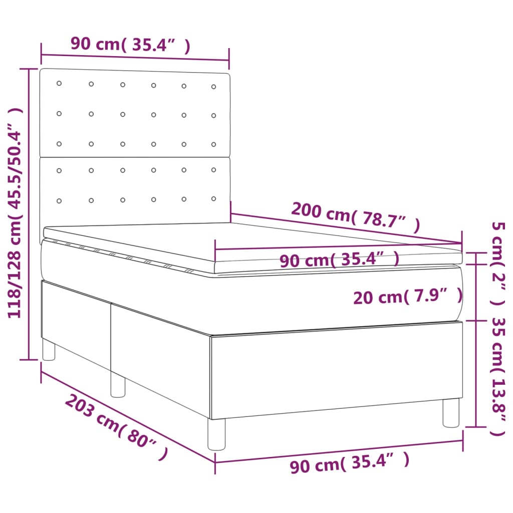 Letto a Molle Materasso e LED Grigio Scuro 90x200 cm in Tessuto