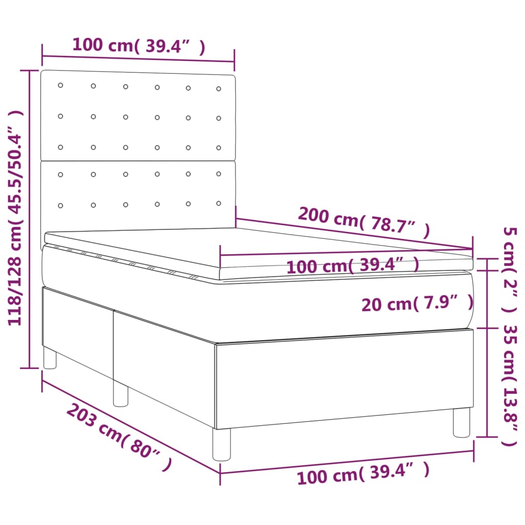 Letto a Molle con Materasso e LED Nero 100x200 cm in Tessuto - homemem39