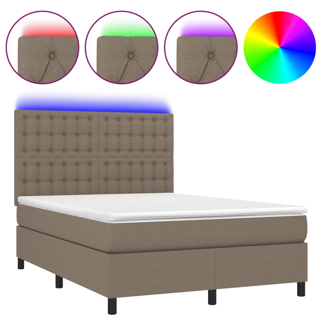 Letto a Molle con Materasso e LED Tortora 140x190 cm in Tessuto | homemem39