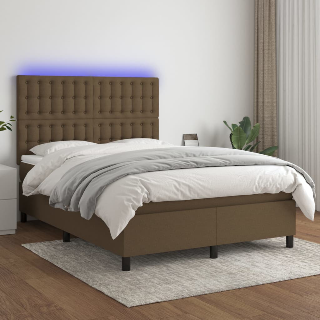 Letto a Molle Materasso e LED Marrone Scuro 140x200 cm Tessuto - homemem39