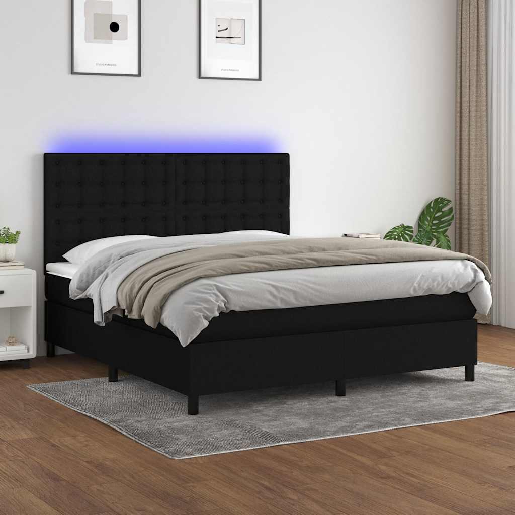 Letto a Molle con Materasso e LED Nero 160x200 cm in Tessuto | homemem39