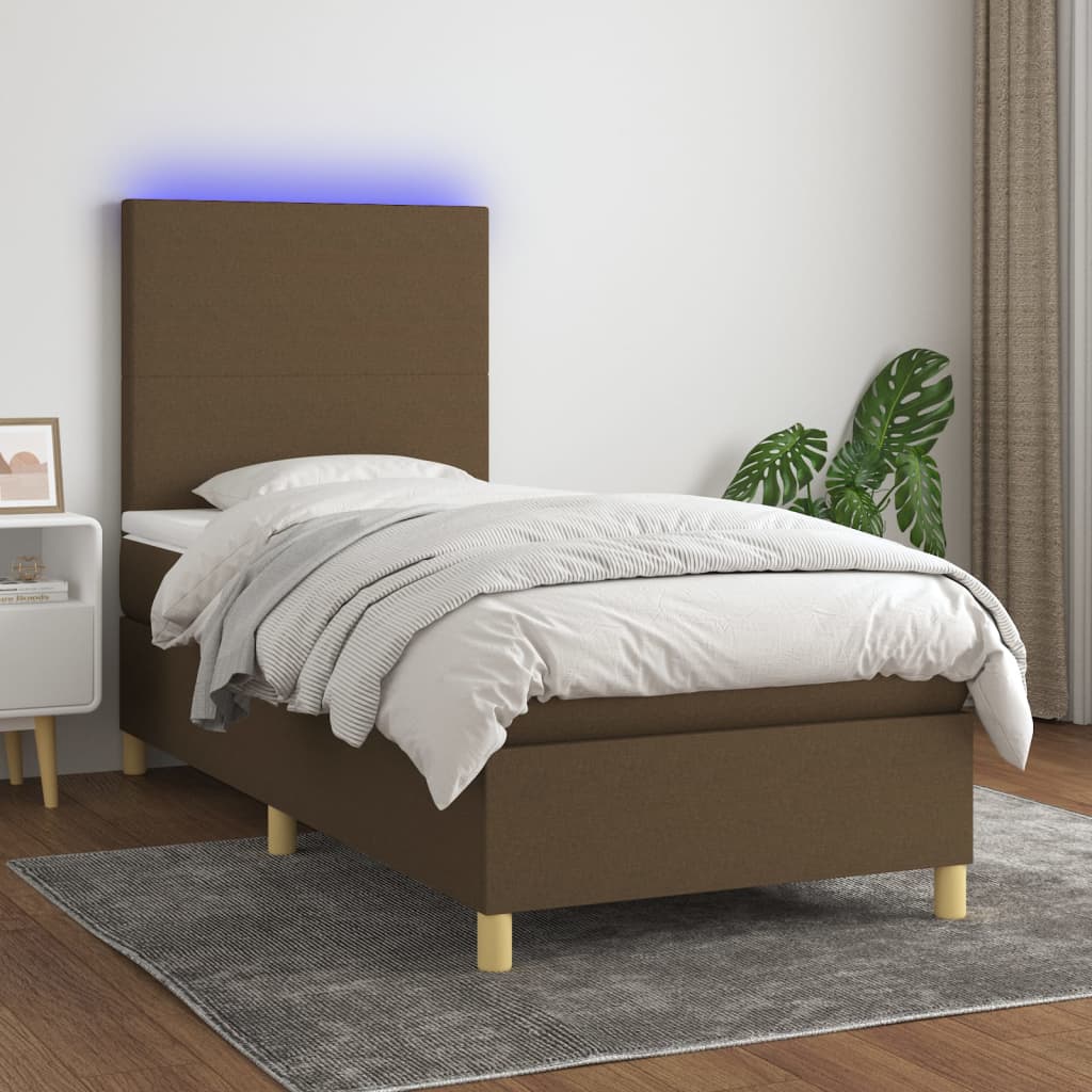 Letto a Molle Materasso e LED Marrone Scuro 80x200cm in Tessuto | homemem39