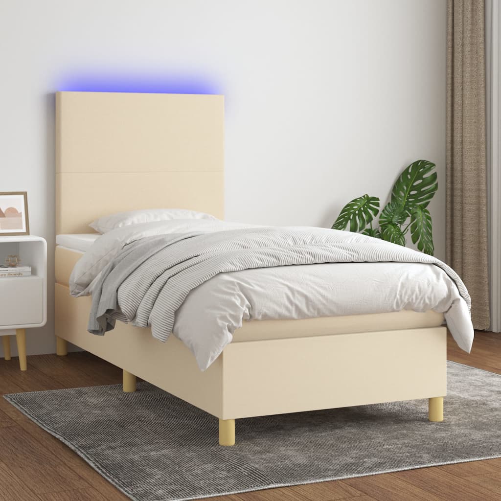 Letto a Molle con Materasso e LED Crema 90x190 cm in Tessuto - homemem39