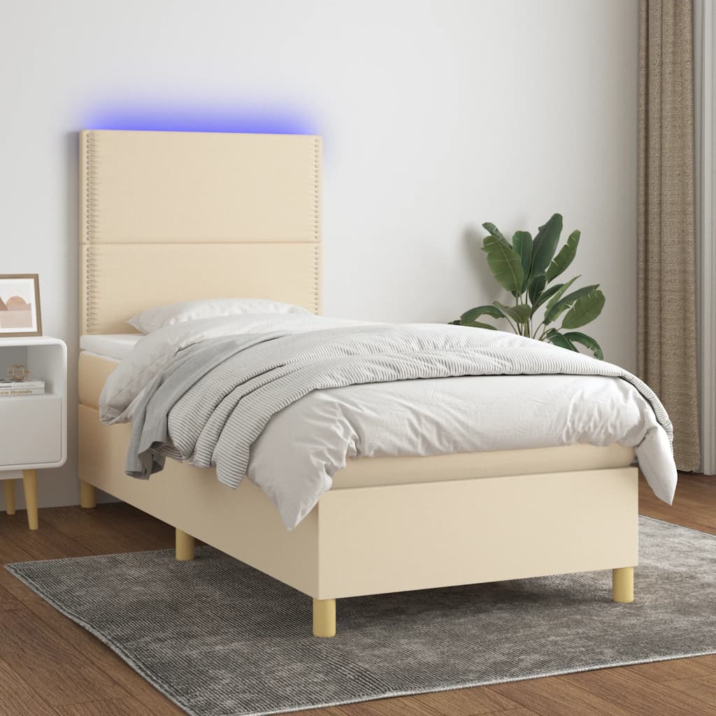Letto a Molle con Materasso e LED Crema 90x190 cm in Tessuto - homemem39