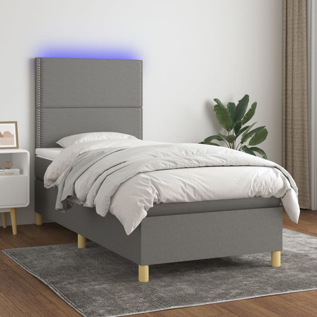 Letto a Molle Materasso e LED Grigio Scuro 90x200 cm in Tessuto