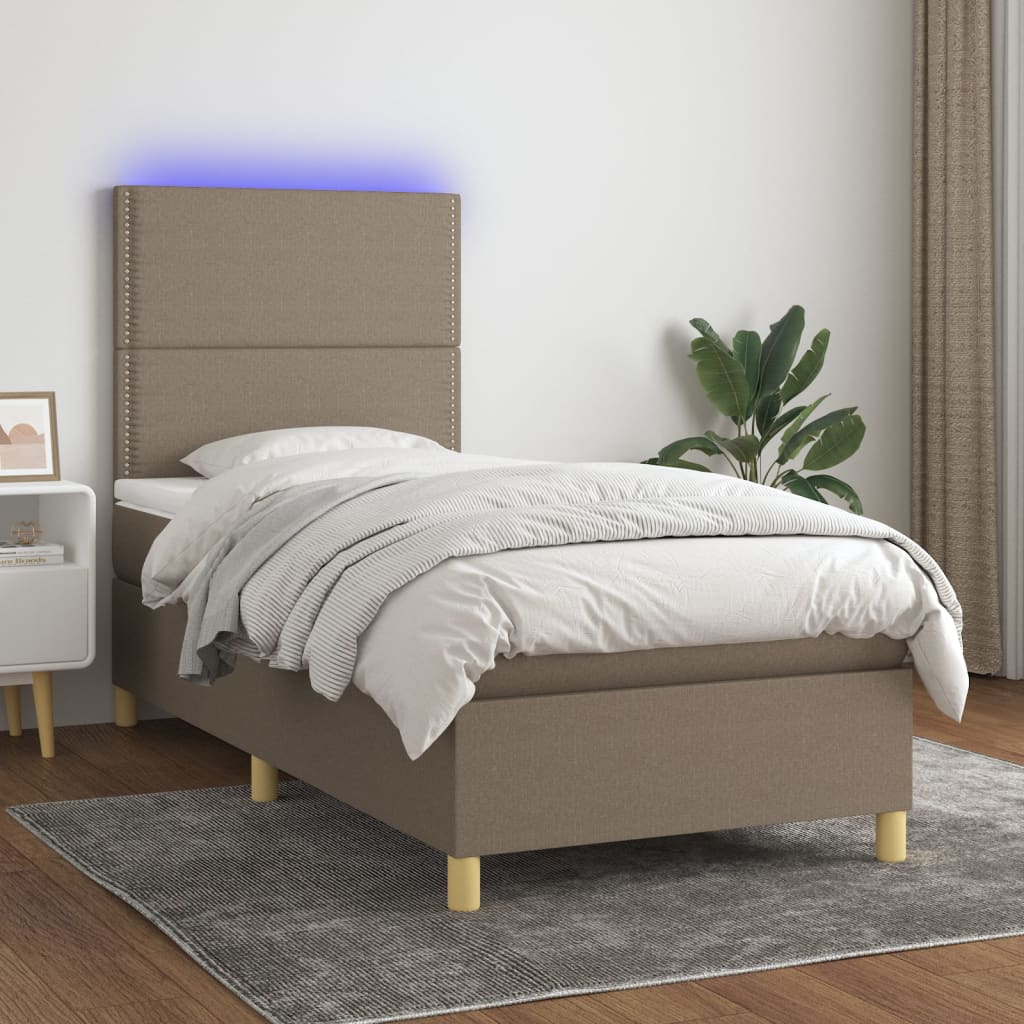 Letto a Molle con Materasso e LED Tortora 100x200cm in Tessuto - homemem39