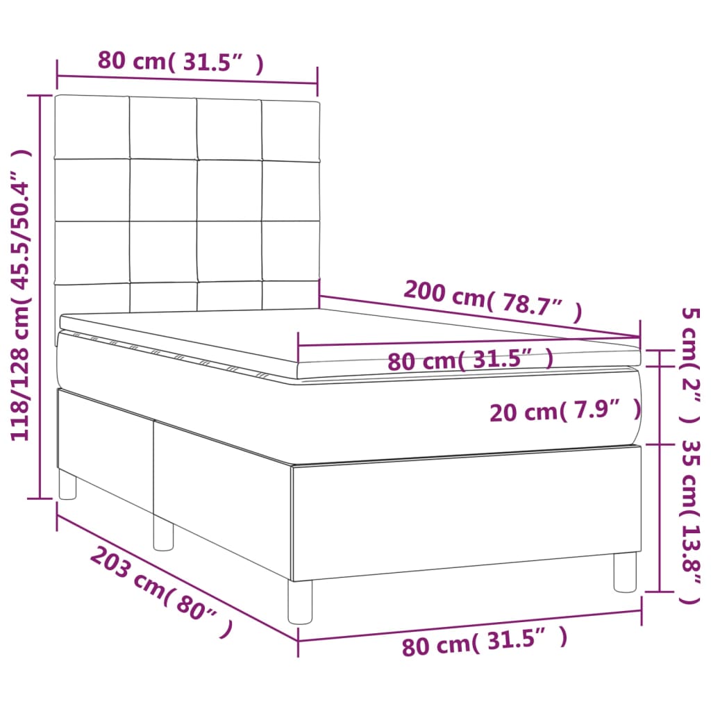 Letto a Molle con Materasso e LED Tortora 80x200 cm in Tessuto