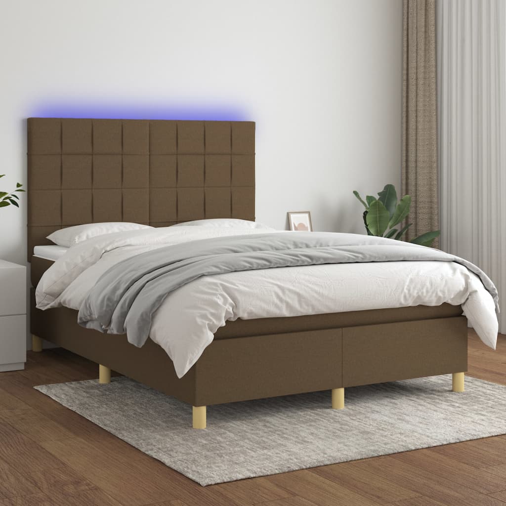 Letto a Molle Materasso e LED MarroneScuro 140x190cm in Tessuto | homemem39