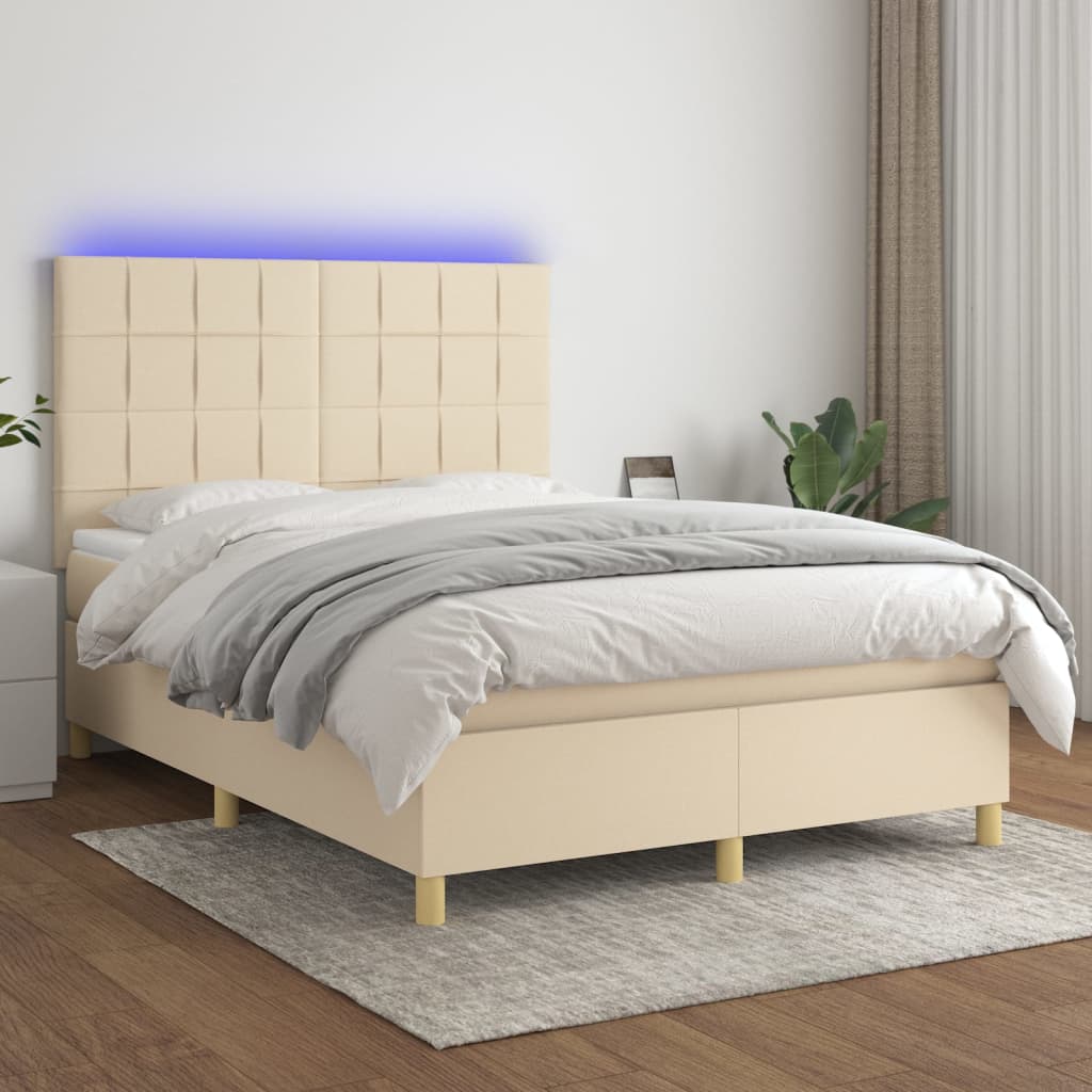 Letto a Molle con Materasso e LED Crema 140x190 cm in Tessuto | homemem39