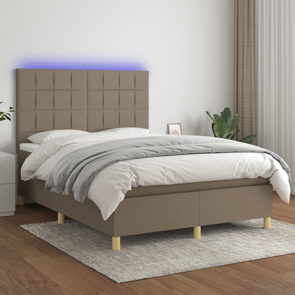 Letto a Molle con Materasso e LED Tortora 140x200 cm in Tessuto | homemem39