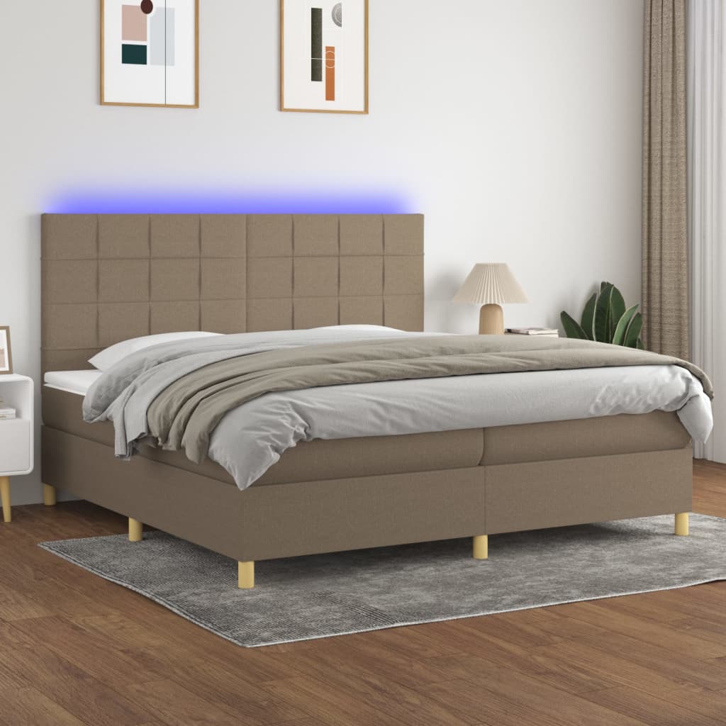 Letto a Molle Materasso e LED tortora 200x200cm in Tessuto - homemem39