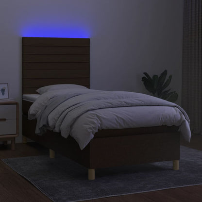 Letto a Molle Materasso e LED Marrone Scuro 90x190cm in Tessuto