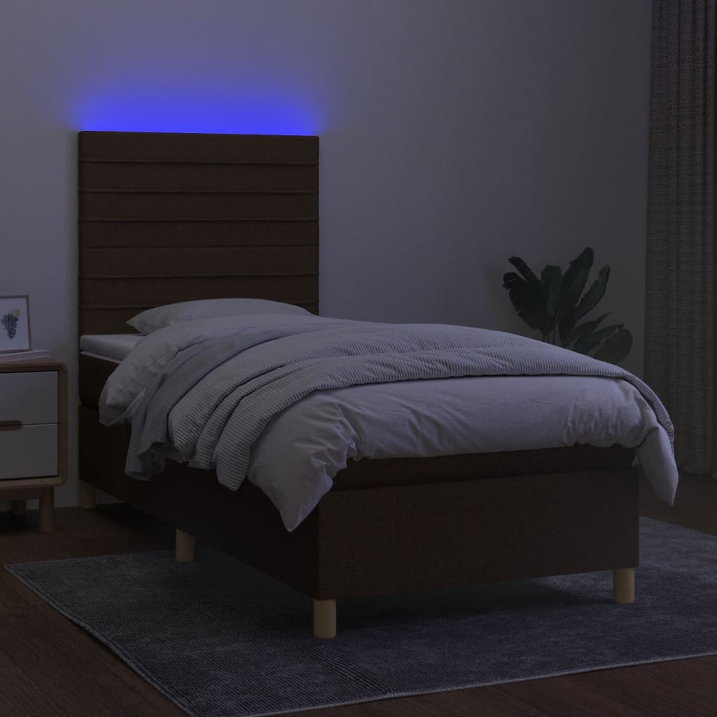 Letto a Molle Materasso e LED Marrone Scuro 90x200cm in Tessuto