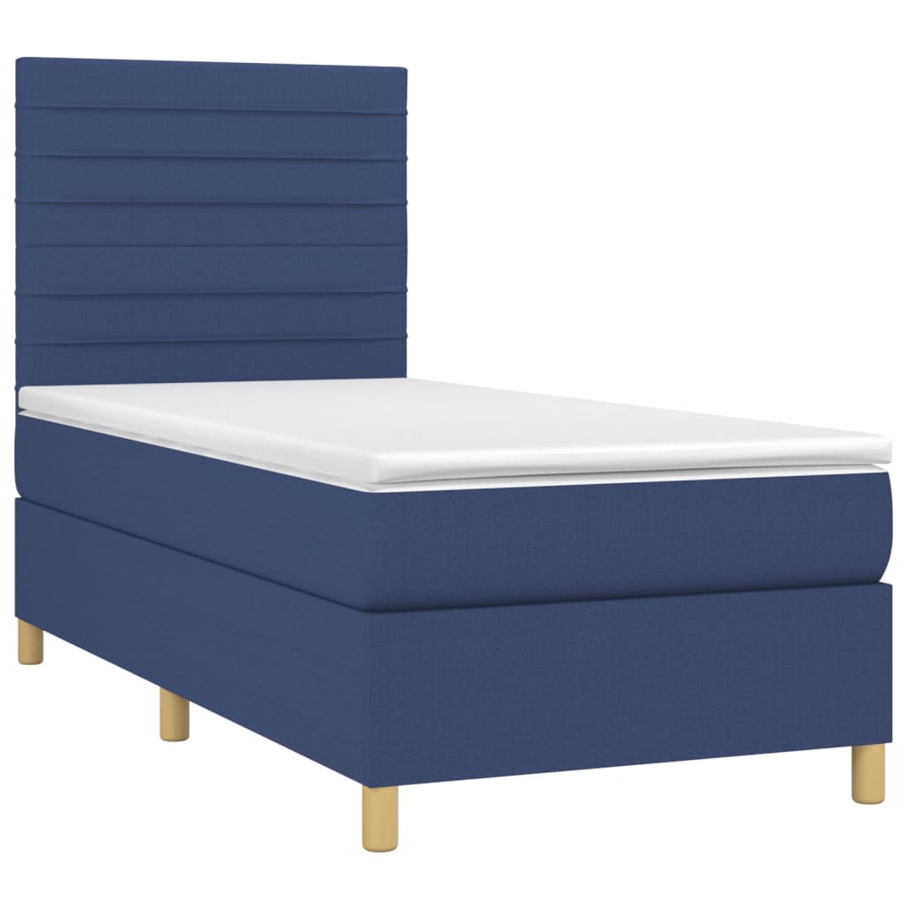 Spring Bed with Mattress and Blue LED 90x200 cm in Fabric