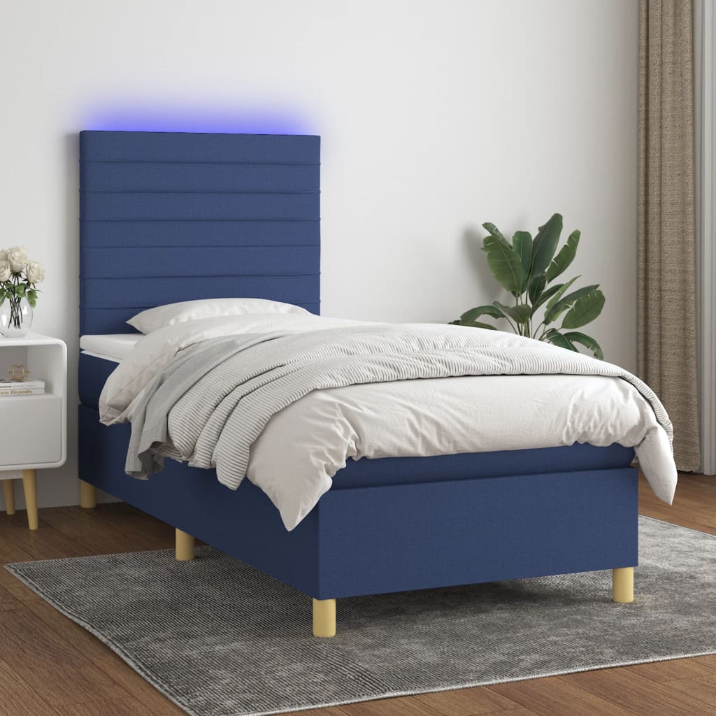 Spring Bed with Mattress and Blue LED 90x200 cm in Fabric