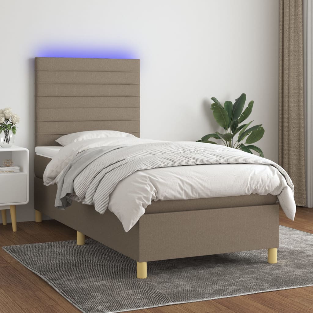 Letto a Molle con Materasso e LED Tortora 100x200cm in Tessuto - homemem39