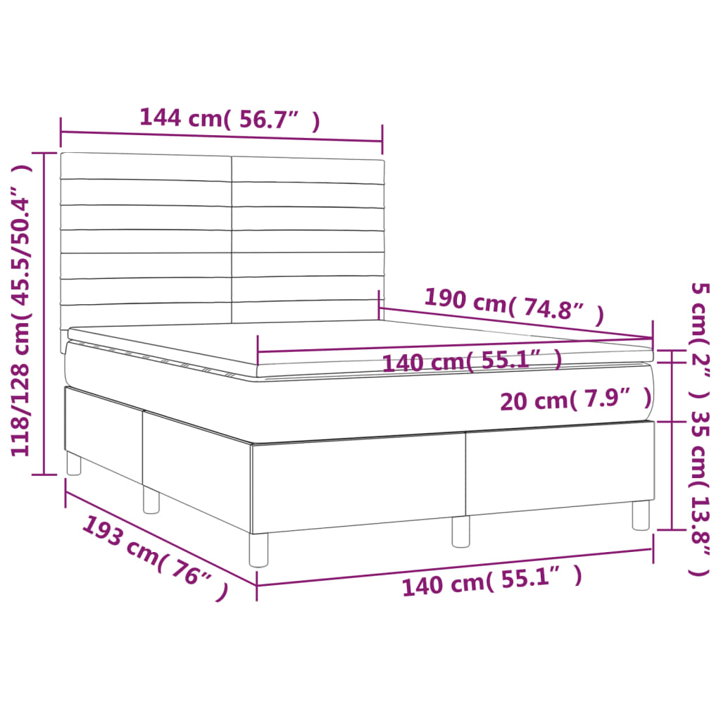 Spring Bed Mattress and LED Light Gray 140x190 cm Fabric