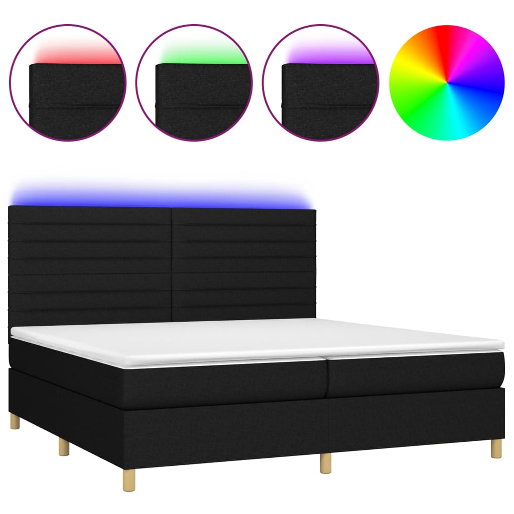 Letto a Molle Materasso e LED Nero 200x200cm in Tessuto - homemem39