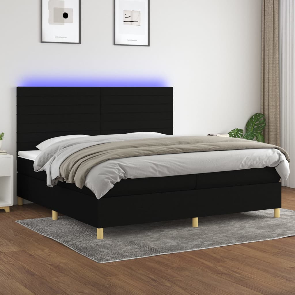 Letto a Molle Materasso e LED Nero 200x200cm in Tessuto - homemem39