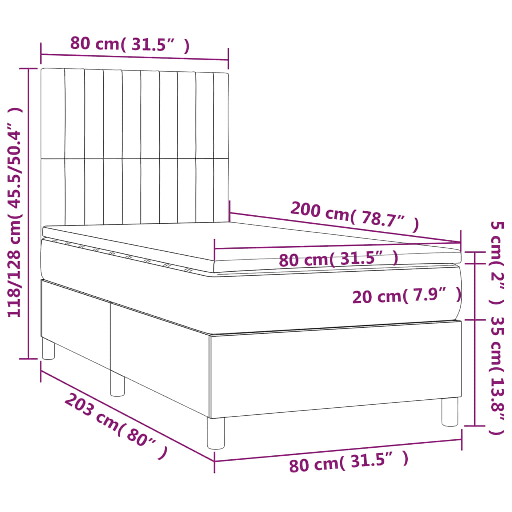 Letto a Molle con Materasso e LED Tortora 80x200 cm in Tessuto