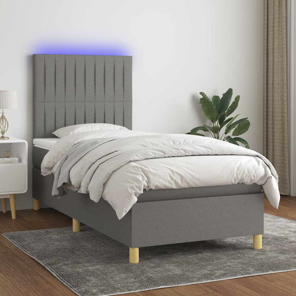 Letto a Molle Materasso e LED Grigio Scuro 90x190 cm in Tessuto