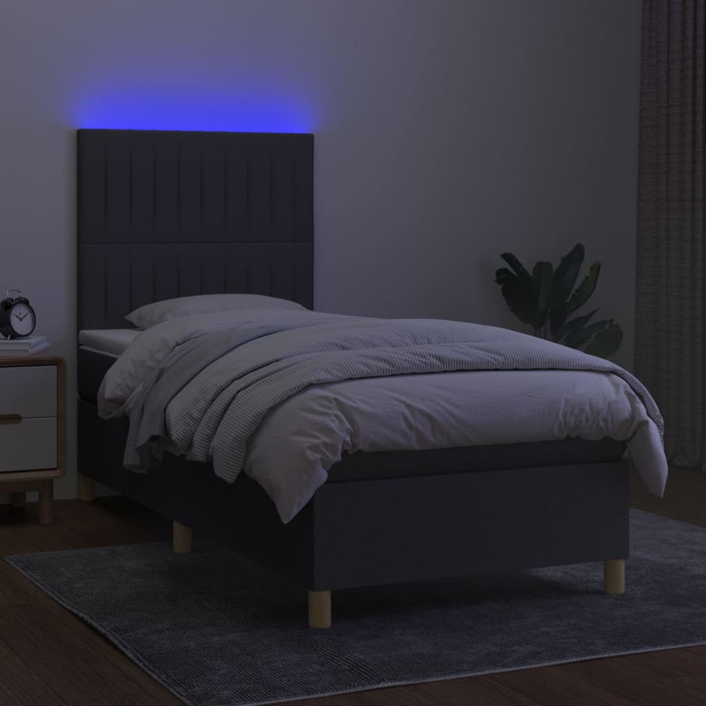 Letto a Molle Materasso e LED Grigio Scuro 90x200 cm in Tessuto