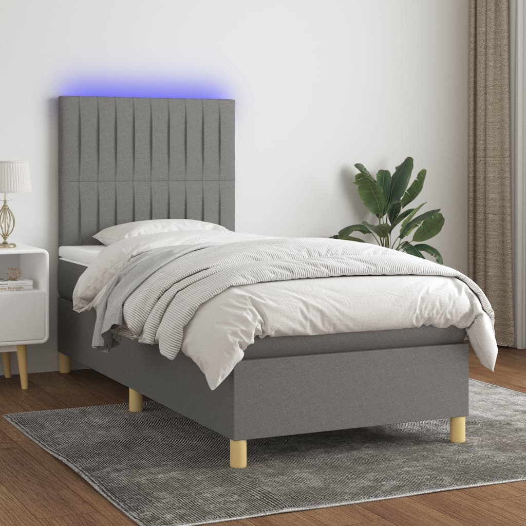 Letto a Molle Materasso e LED Grigio Scuro 90x200 cm in Tessuto