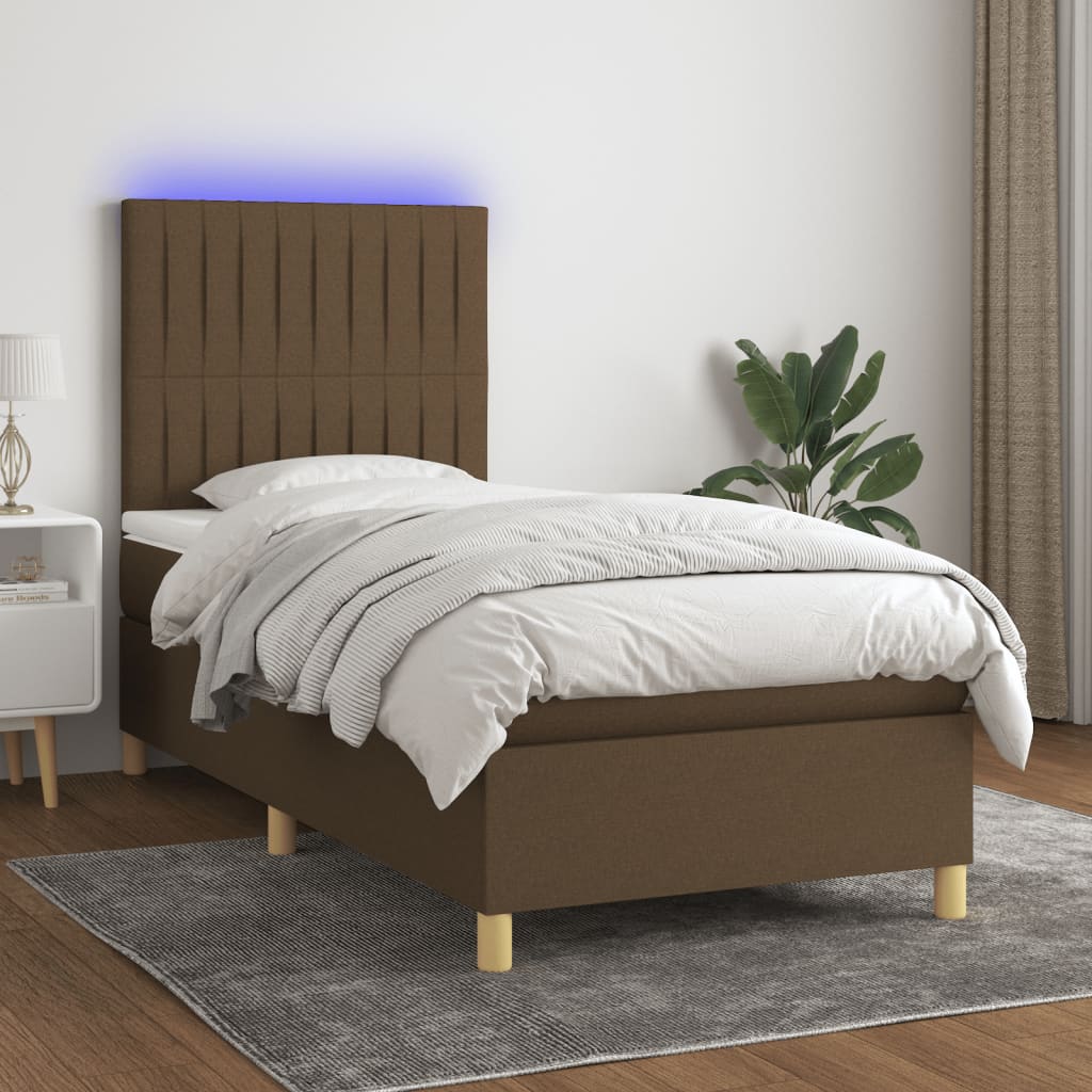 Letto a Molle Materasso e LED Marrone Scuro 100x200 cm Tessuto - homemem39