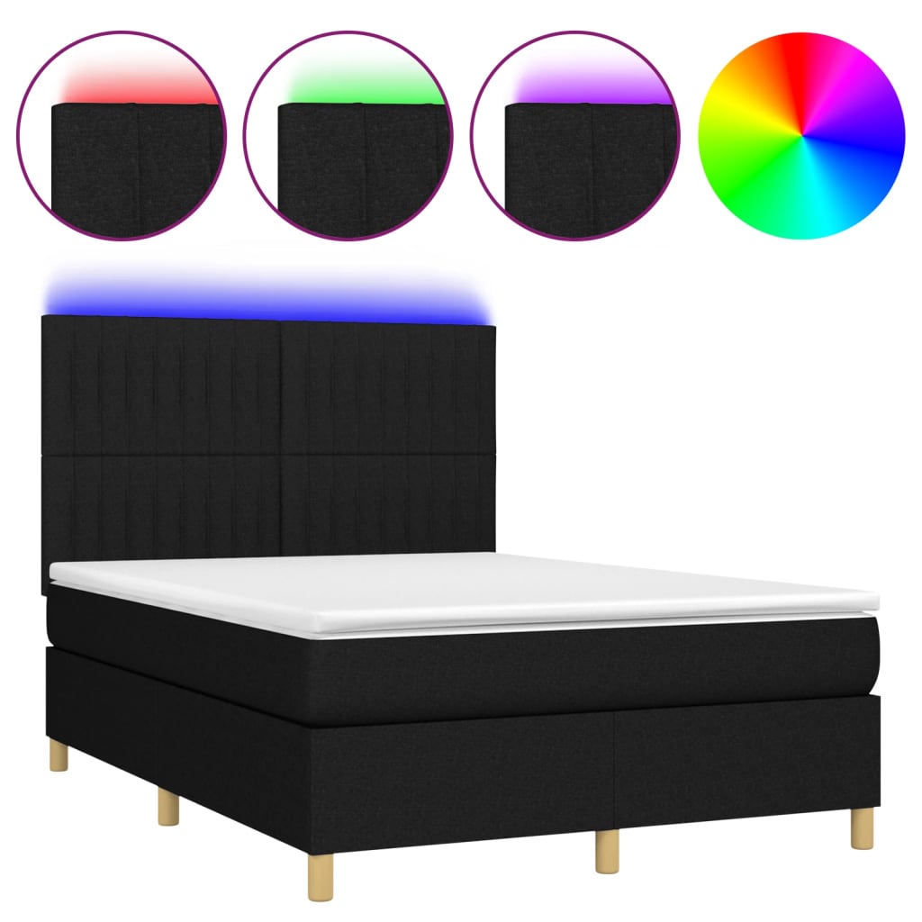 Letto a Molle con Materasso e LED Nero 140x190 cm in Tessuto - homemem39