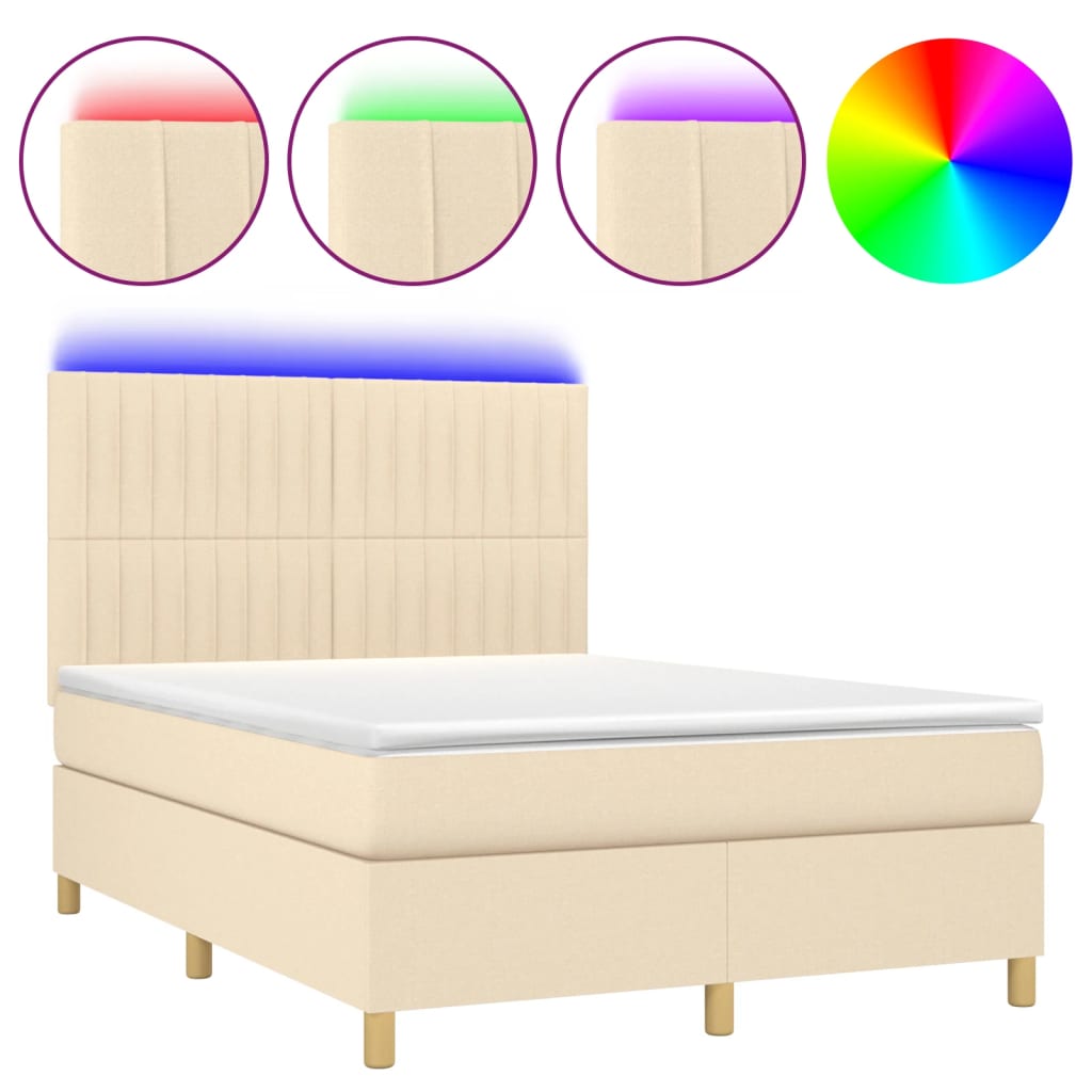 Letto a Molle con Materasso e LED Crema 140x190 cm in Tessuto