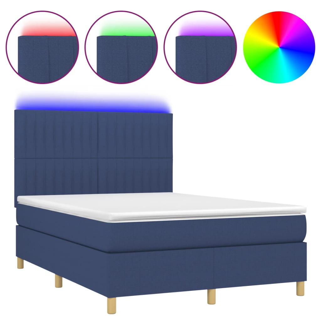 Letto a Molle con Materasso e LED Blu 140x200 cm in Tessuto - homemem39