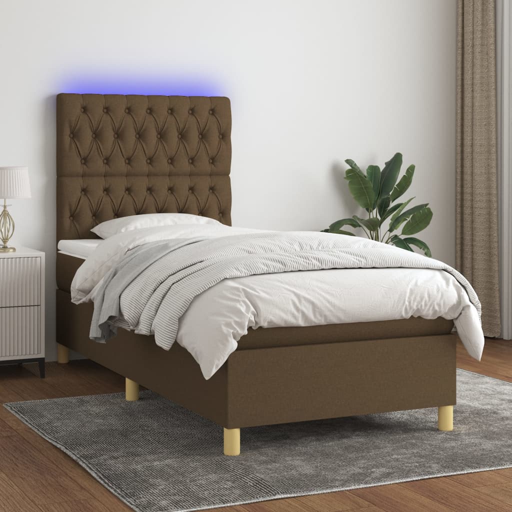 Letto a Molle Materasso e LED Marrone Scuro 80x200cm in Tessuto