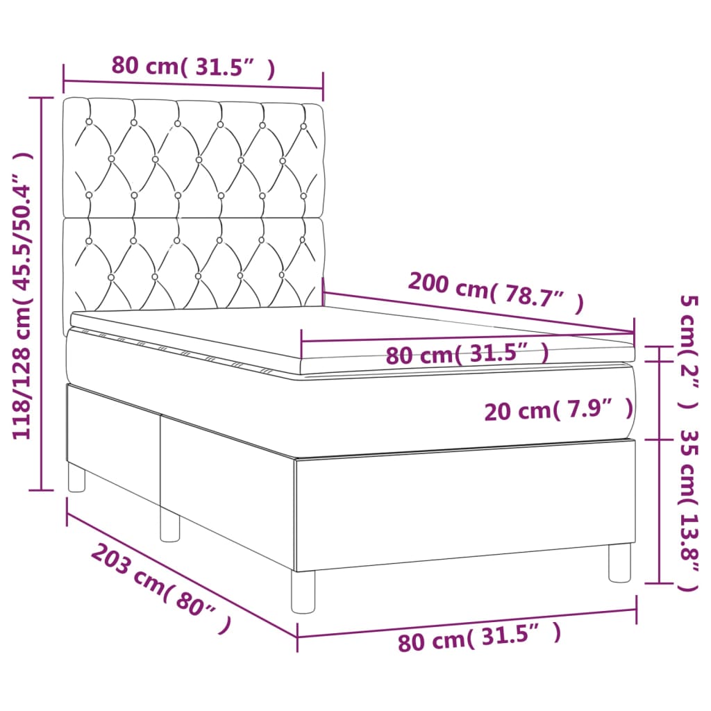 Letto a Molle con Materasso e LED Tortora 80x200 cm in Tessuto