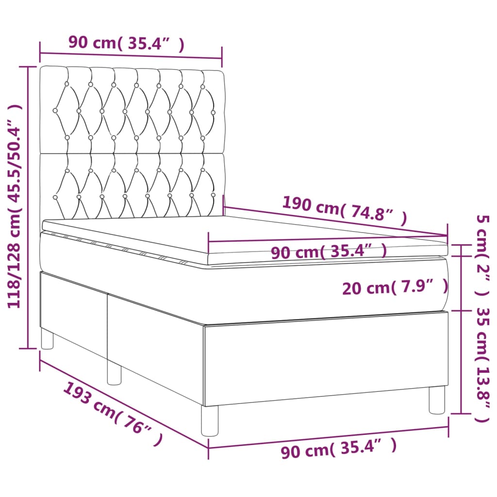 Letto a Molle Materasso e LED Marrone Scuro 90x190cm in Tessuto - homemem39