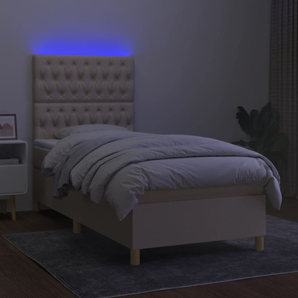 Spring Bed with Mattress and LED Cream 90x200 cm in Fabric