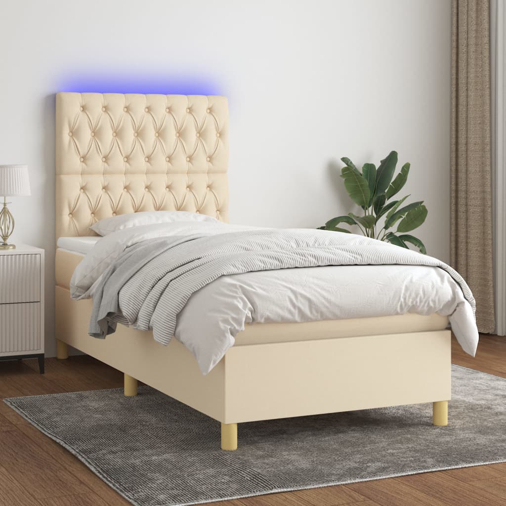 Spring Bed with Mattress and LED Cream 90x200 cm in Fabric