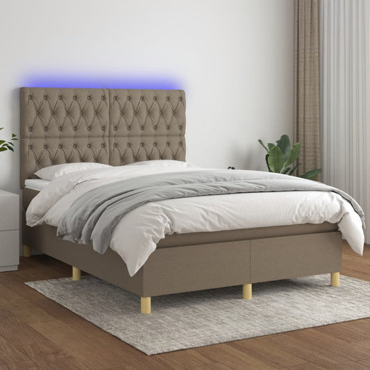 Letto a Molle con Materasso e LED Tortora 140x200 cm in Tessuto - homemem39